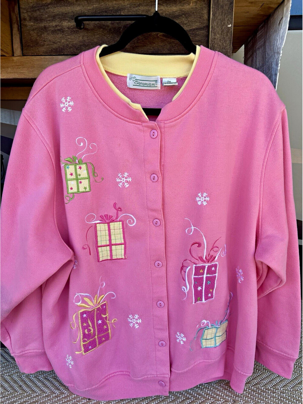 Shenanigans Women’s 2X Pink Fleece Button Front Cardigan Sweatshirt Embroidered